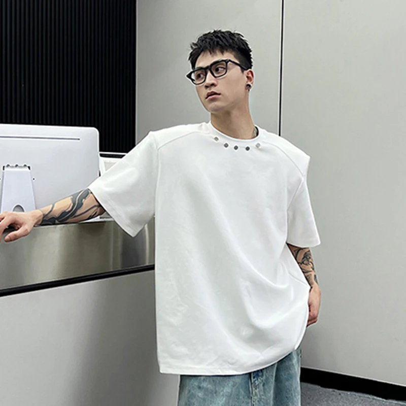 

Summer Metal Rivet Short Sleeve O Neck Men T Shirts Fashion Personality All-match Hip Hop Punk Oversized Streetwear Black White