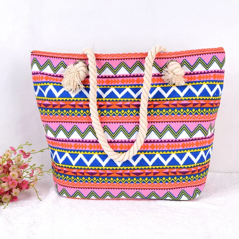 

Beach Tote Bag Fashion Lady Big Size Handbag Casual Flower Print Canvas Summer High Quality Striped Shoulder Bag Travel Pool Bag