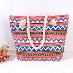 Beach Tote Bag Fashion Lady Big Size Handbag Casual Flower Print Canvas Summer High Quality Striped Shoulder Bag Travel Pool Bag