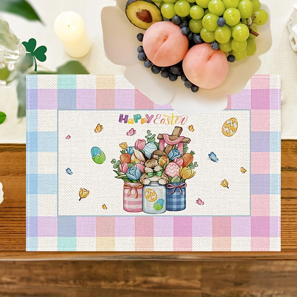 1PC Easter Mason Jar Bunny Placemats, Rabbit Eggs Carrot Tulip Flower Dining Place Mats Table Decor, Spring Pink Plaid
