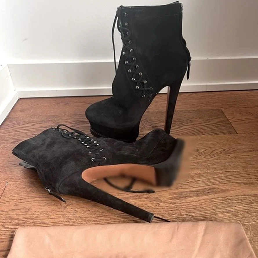 Black Lace Up Mid Calf Platform Boots Thin High Heel Sexy Fashionable Cool Winter Casual Big Size Woman Shoes Zapatillas Mujer
