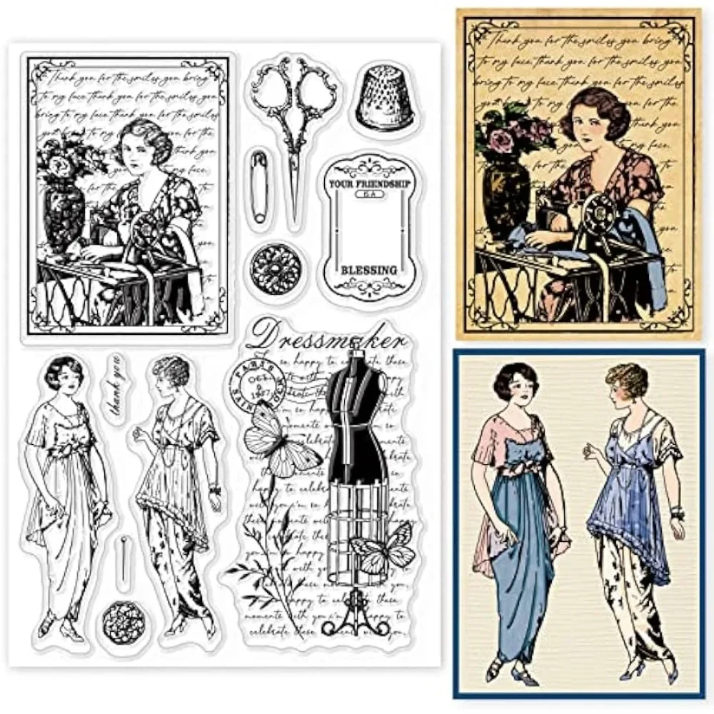 Vintage Sewing Background Clear Stamps for DIY Scrapbooking Elegant Lady Mannequin Silicone Clear Stamp Seals for Journals Decor