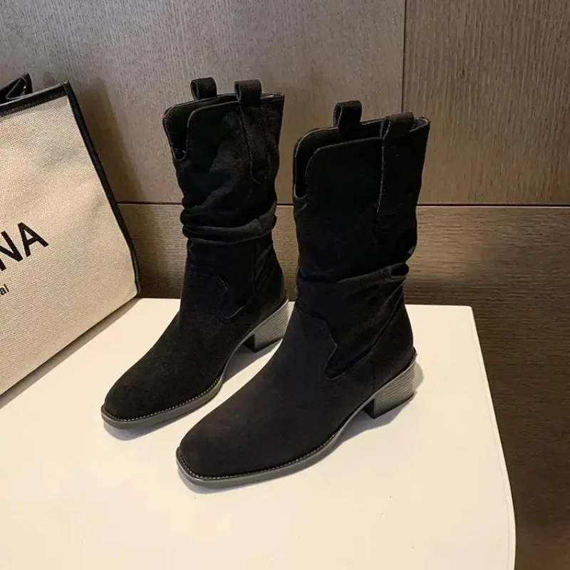 Women's ort Western Cowboy Boots Chunky Heel Mid-Calf Pile Booties Woman 2026 New Autumn Winter Korean Fashion Boots