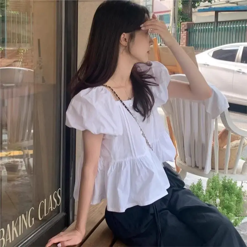 

Summer Women's irt Cleanfit Sle Loose Bubble Sve Single Button Square Collar Lace Hemmed Doll Dr Chinese Brand