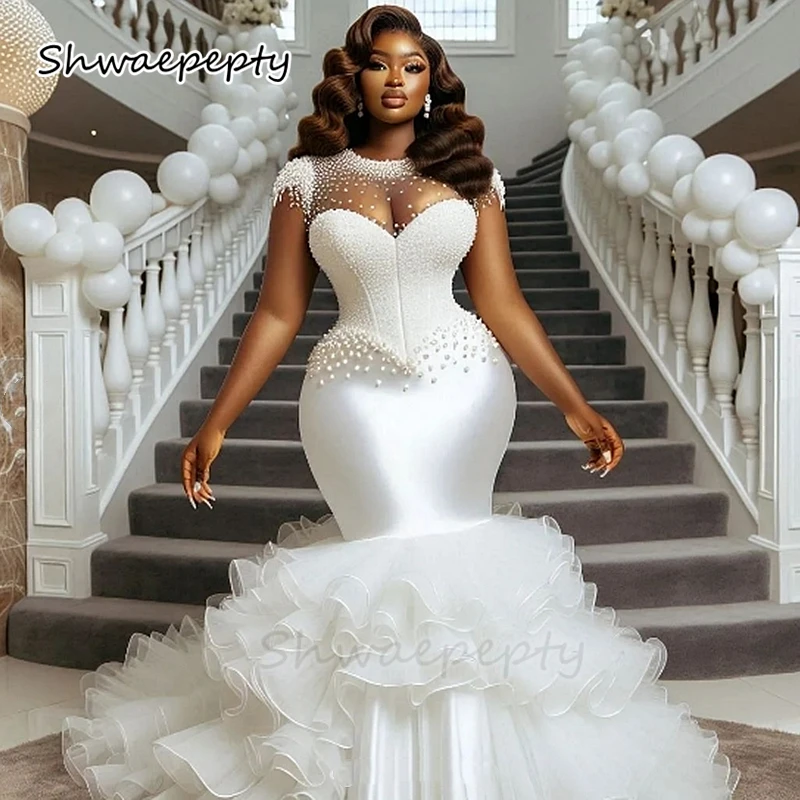 

Luxury Wedding Dress Ruffles Mermaid Bridal Gown Beaded Short Sleeves Long African Formal Gown Customized Vestido De Novia