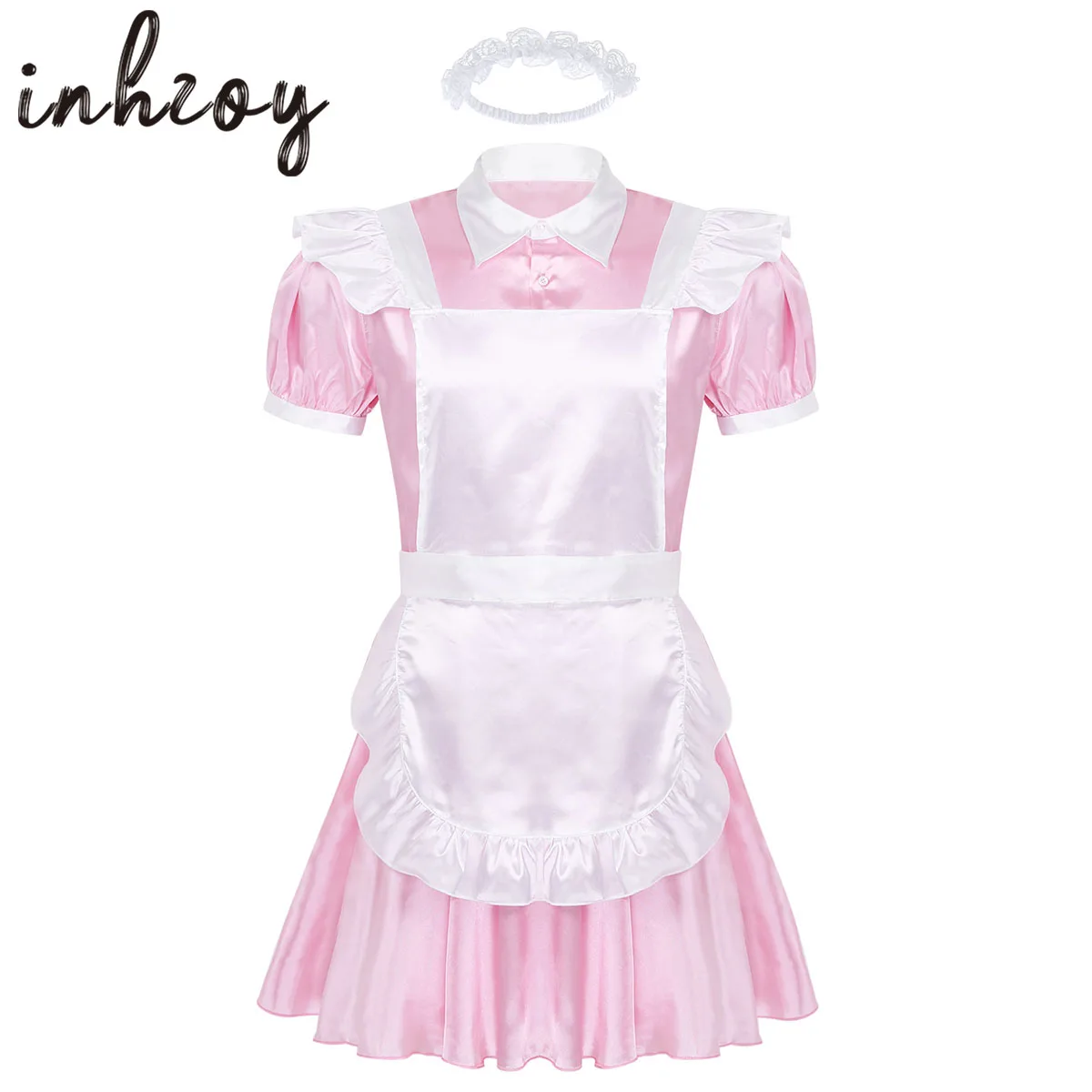 Mens Sissy Maid Cosplay Costume Puff Sleeve Frilly Satin French Apron Maid Servant Dress Set Roleplay Babydoll Dress with Apron