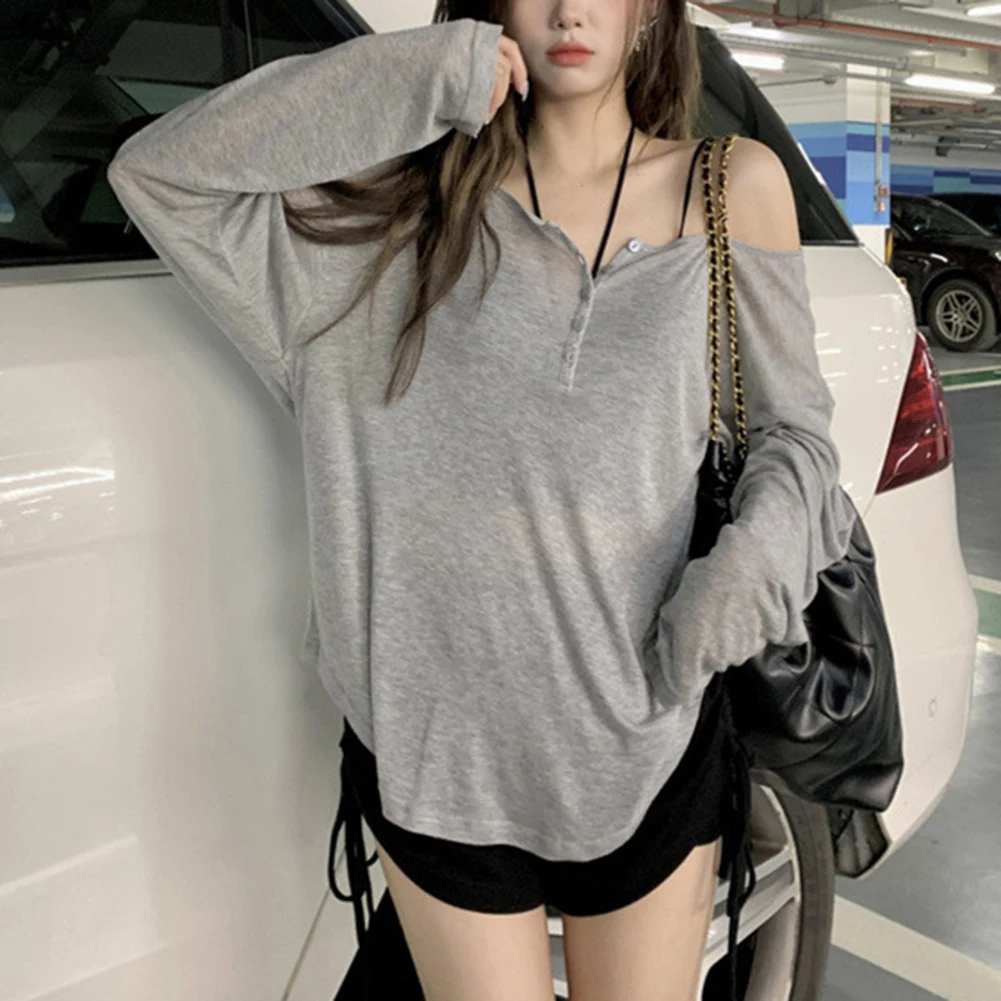 

Футболка Harajuku с длинным рукавом, повседневная футболка, новый сорт, одежда для поездок на работу, без воротника, с вырезом, слегка эластичная