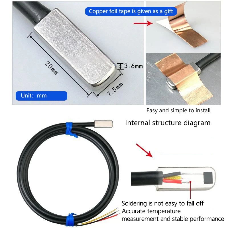 The DS18B20 surface and end face temperature sensor is a high-quality RVVP wire waterproof, hole-free patch probe