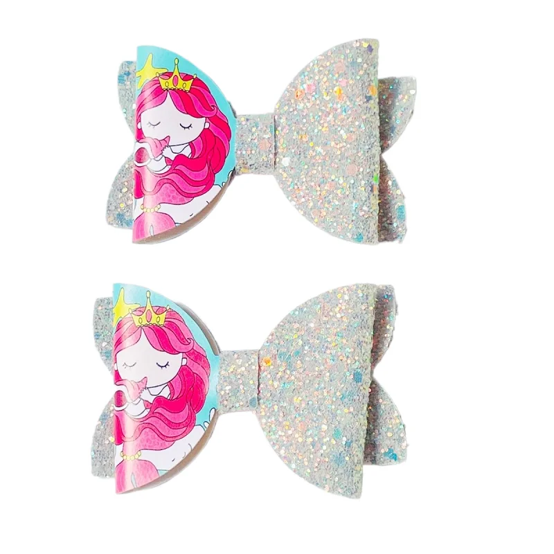 

10pcs Fairy Print Glitter Bow Hairpins Mermaid Patchwork Bowknot Barrettes Princess Headwear Boutique Hair Accessories for Girls