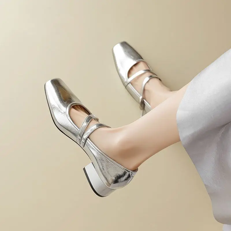 Damen Silberne Französische Mary Jane Pumps 2026 Frühling Neue Chunky Blockabsatz Perlen Kleiderschuhe Elegante Lederschuhe