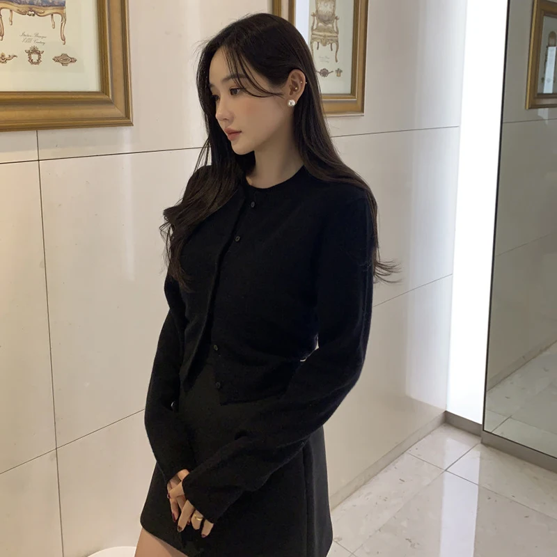 طقم نسائي أنيق للخريف والشتاء، كنزة محبوكة ناعمة ومريحة بأكمام قصيرة، كارديجان فضفاض بأكمام طويلة، طقم من قطعتين، جديد 00%