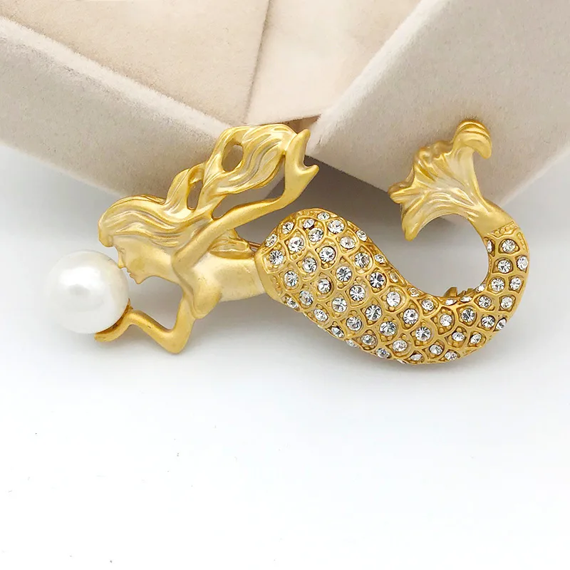 SKEDS New Vintage Women Lady Rhinestone Mermaid Pearl Brooches Pins Elegant Exquisite Accessories Wedding Party Corsage Pin Gift