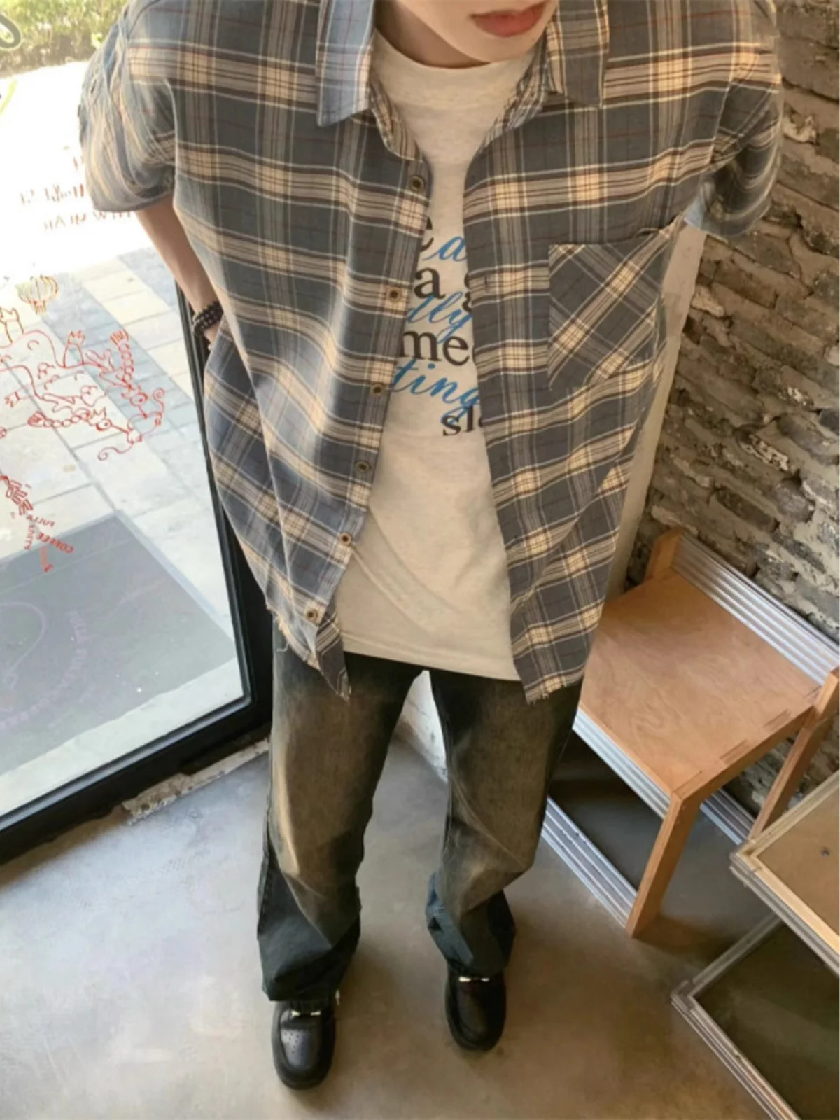 

Мужская рубашка Cleanfit Blue Plaid с коротким рукавом, летняя, модная, в американском ретро-стиле, для пар, свободного кроя, молодежная, стильная