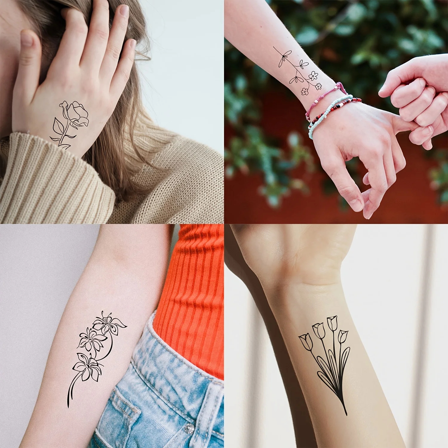 Juego de tatuajes de boceto de flores para mujeres y niñas, tatuaje temporal impermeable, pequeño y pequeño, dedo, manos, muñeca y pecho, 60 unidades