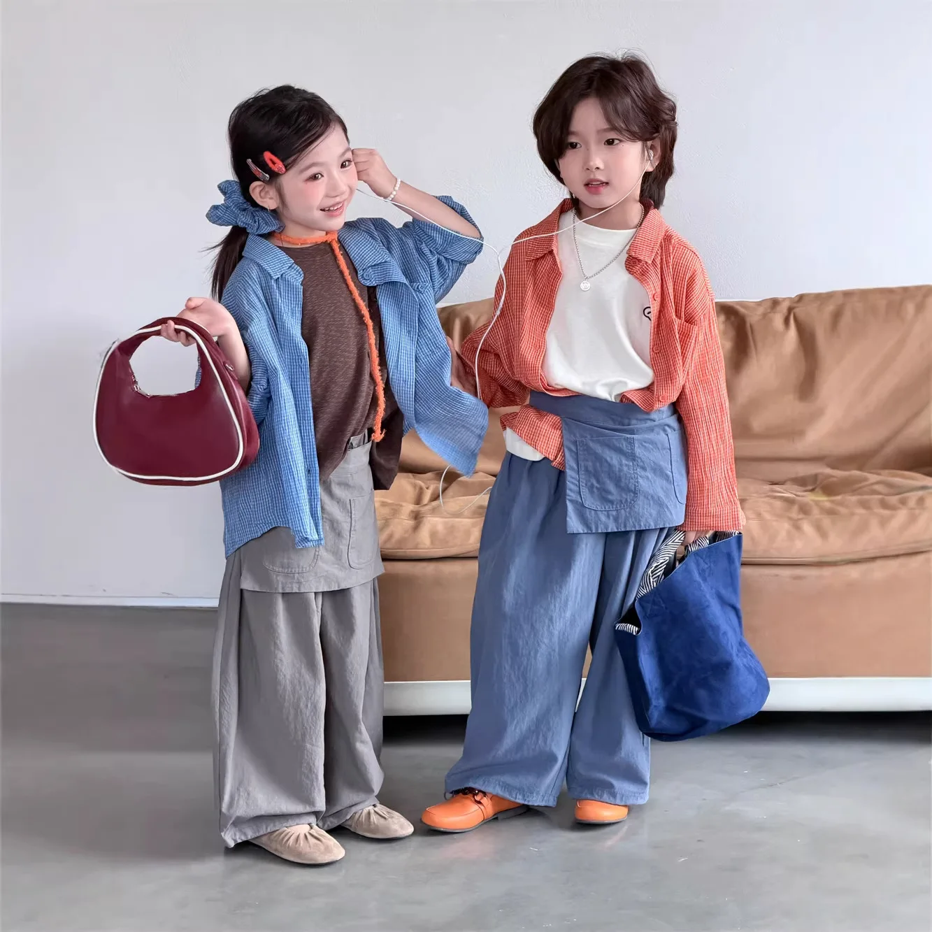 Shirt 2026 Spring and Summer New Childrens Clothing Korean Style Boys and Girls Fashion Leisure Lazy Lapel Fine Plaid Shirt