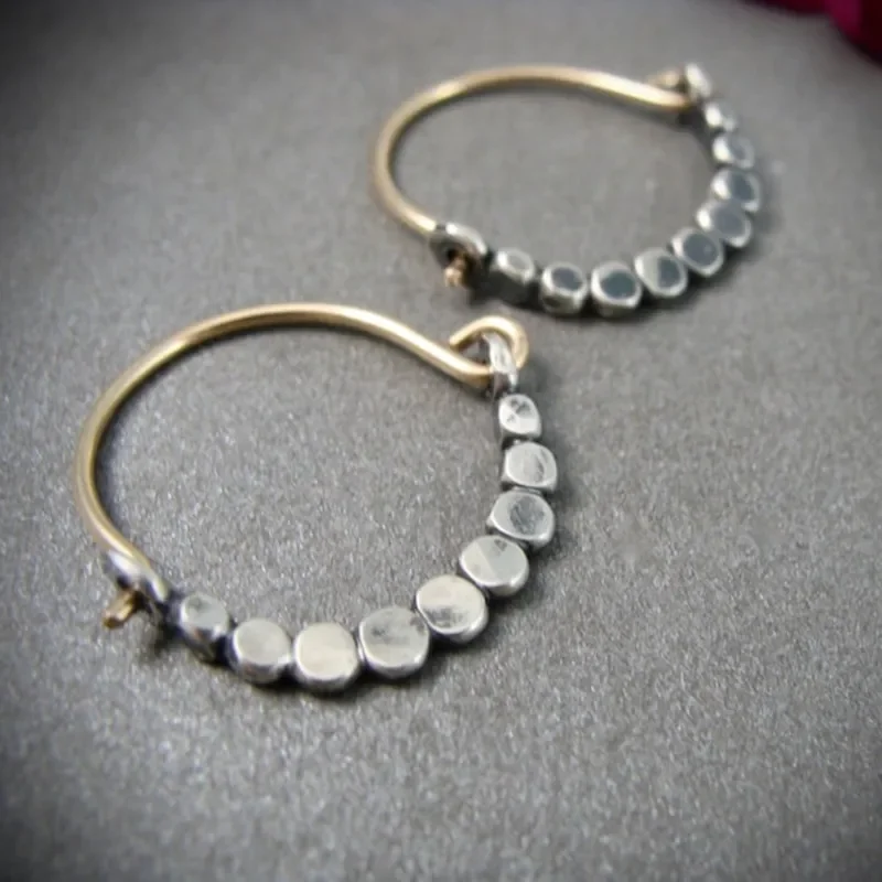 Vintage Two-tone Small Hand Beaded Minimalist Mixed Metal Hoop Small Hoop Unique Jewelry Gift for Her