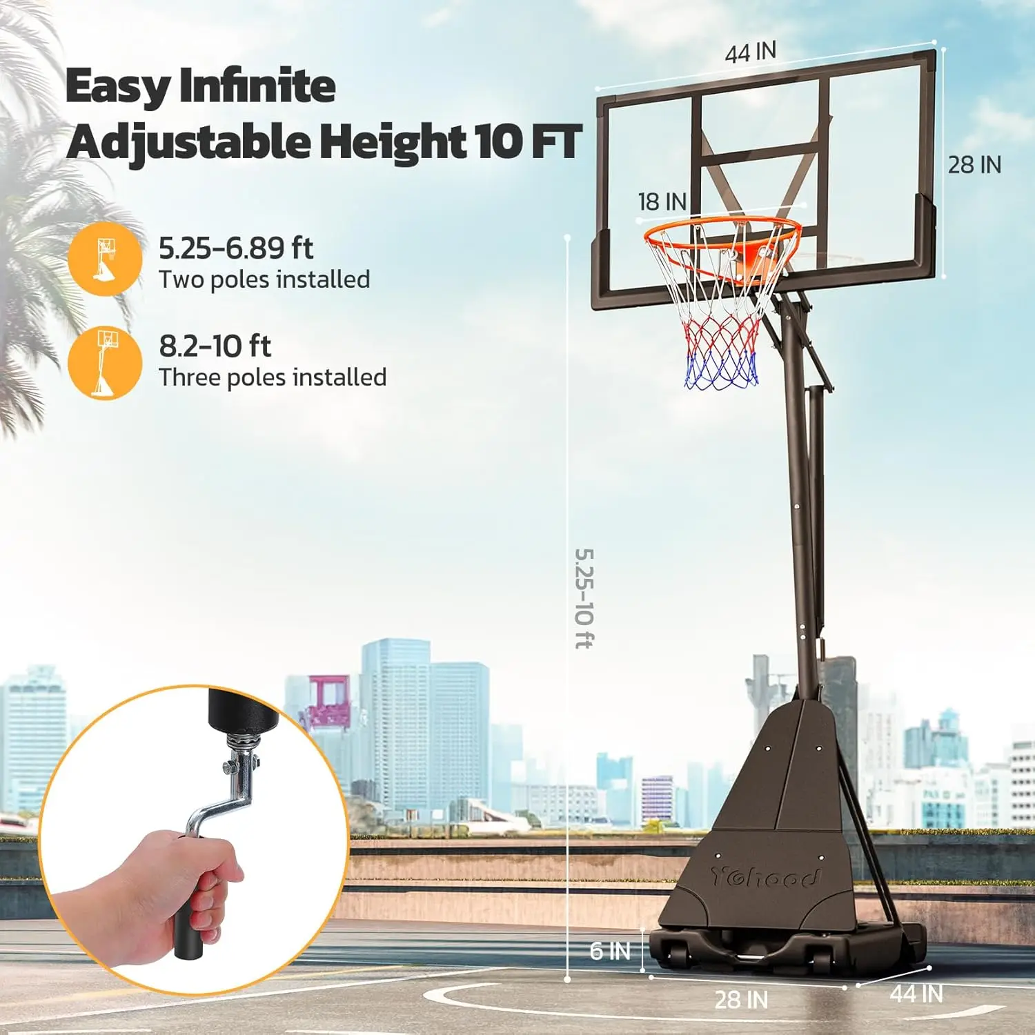 Basketball Hoop Outdoor Portable, 10ft Quickly Adjustable Basketball Goal System with 44 Inch PC Backboard & Wheels for Court