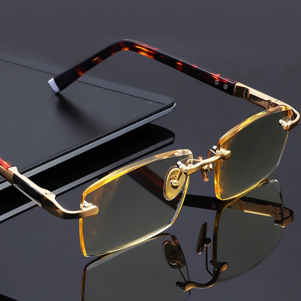 NONOR Luxury Rimless Crystal Reading Glasses Diamond Cutting Frame Square Reader Mens Plate Glasses More Comfortable for Eyes