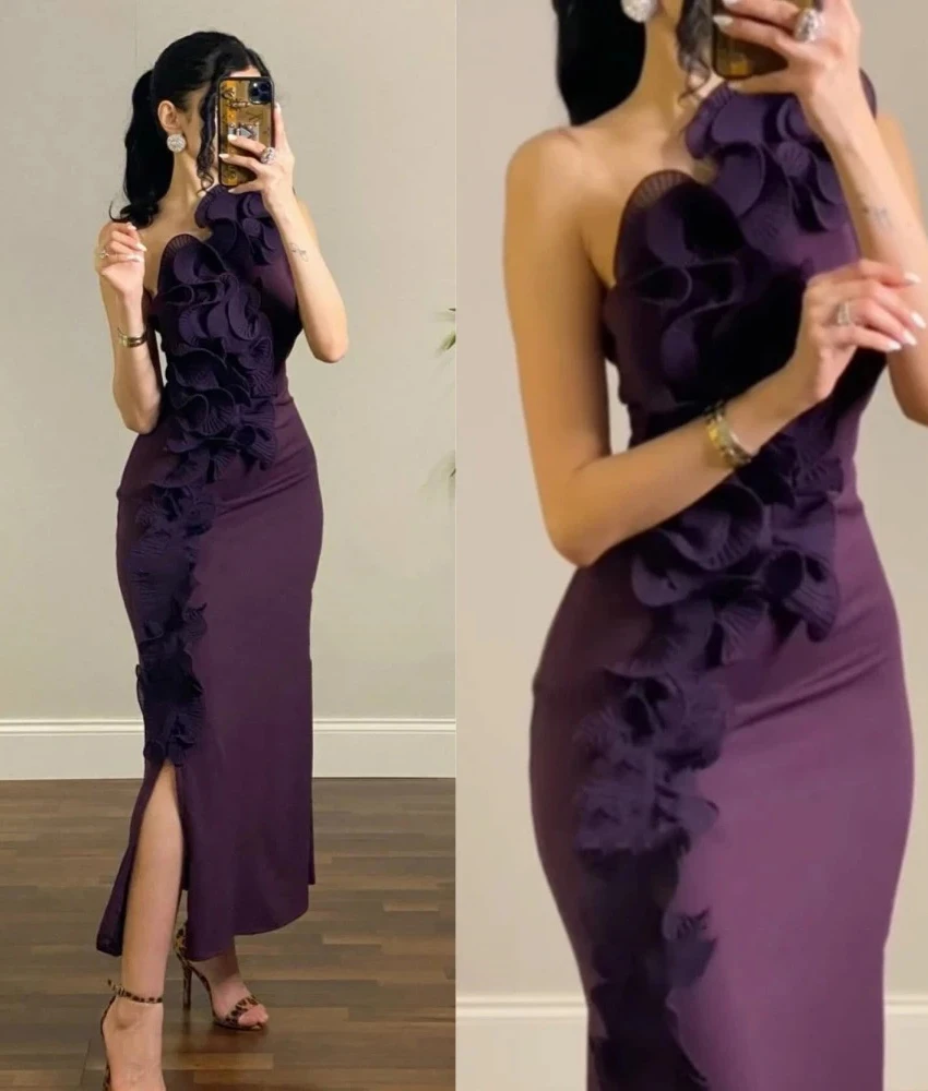 

Customized Sexy Jersey Mermaid One Shoulder Formal Dress with Ruffled Flower Design Side Slit Evening Gown,Celebrity Gowns