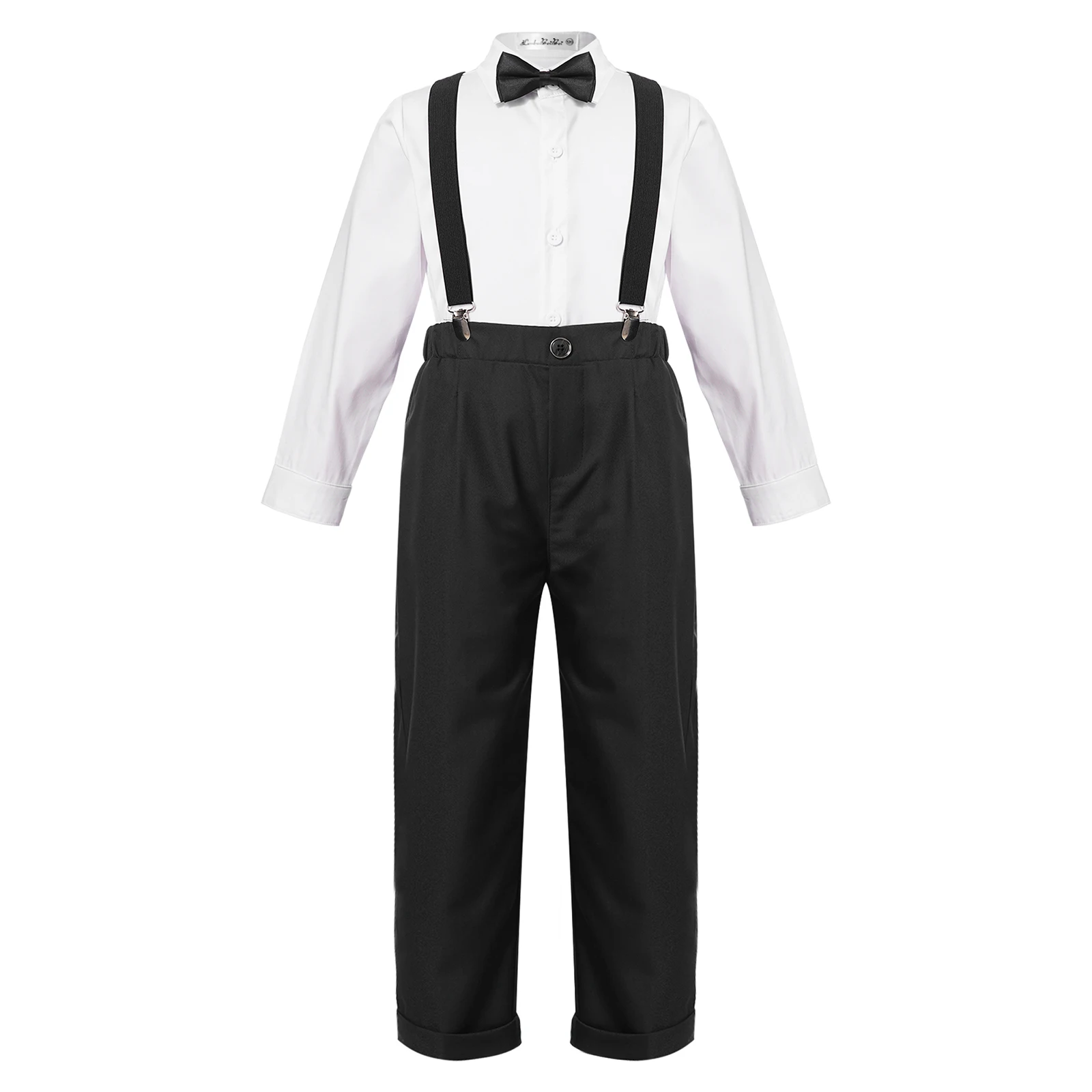 

4pcs Kids Boys Gentleman Outfits Long Sleeve Shirt Bowtie Suspenders Long Pants Formal Suit for Events Party Birthday Festivals