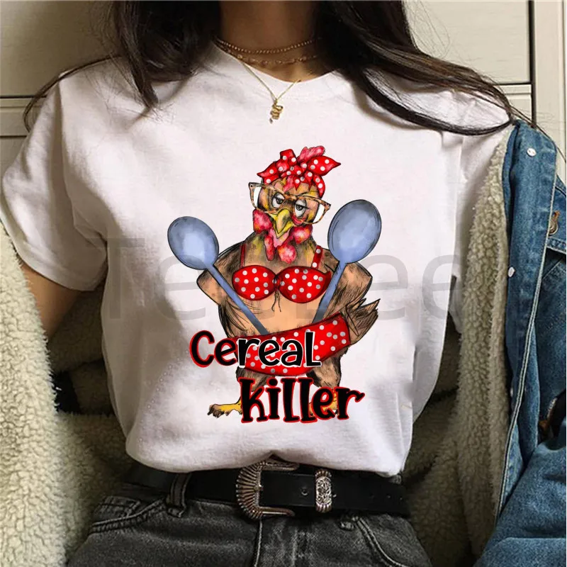 Funny Big Rooster T Shirt Women Harajuku Cereal Killer Cock Tops Tee Summer Tshirt Streetwear Female Tshirts 90s Graphic T-shirt