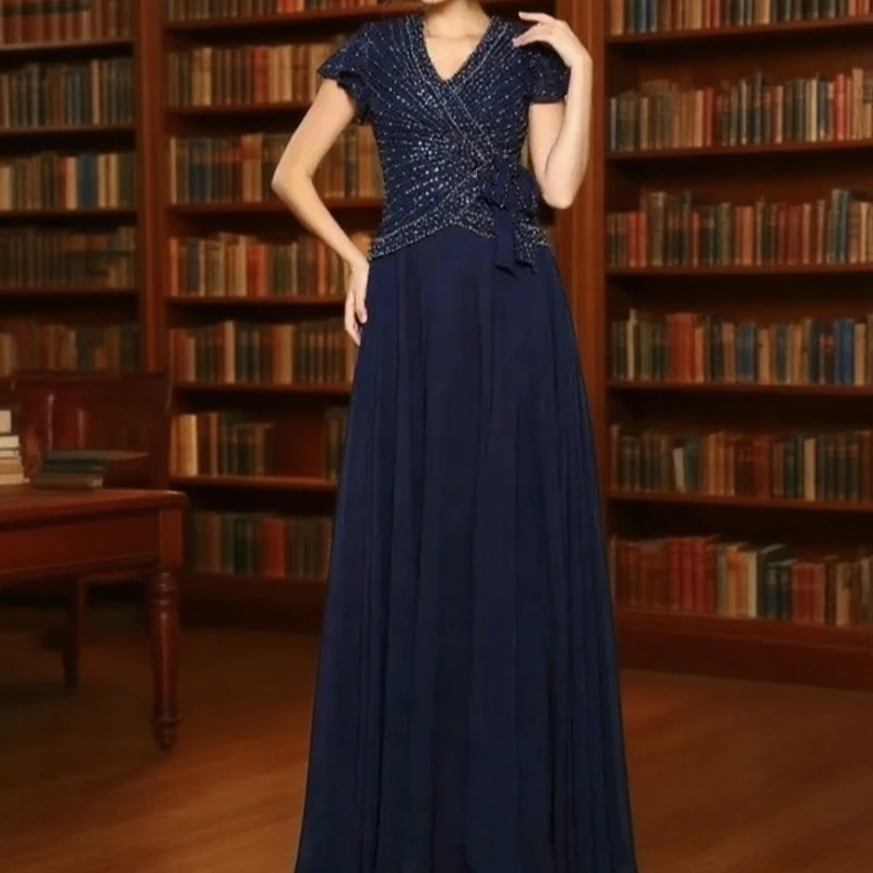 

Customized Navy Blue Mother Of The Bride Dresses A-line Cap Sleeves Chiffon Bead Plus Size Long Groom Mother Dresses For Wedding