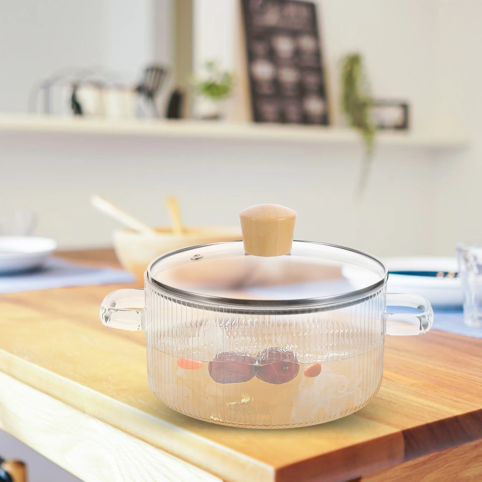 

Glass Stew Pot Transparent Clear Lid Cooking Pot Vertical Striped Kitchen Soup Milk Cooking Pots with Lids