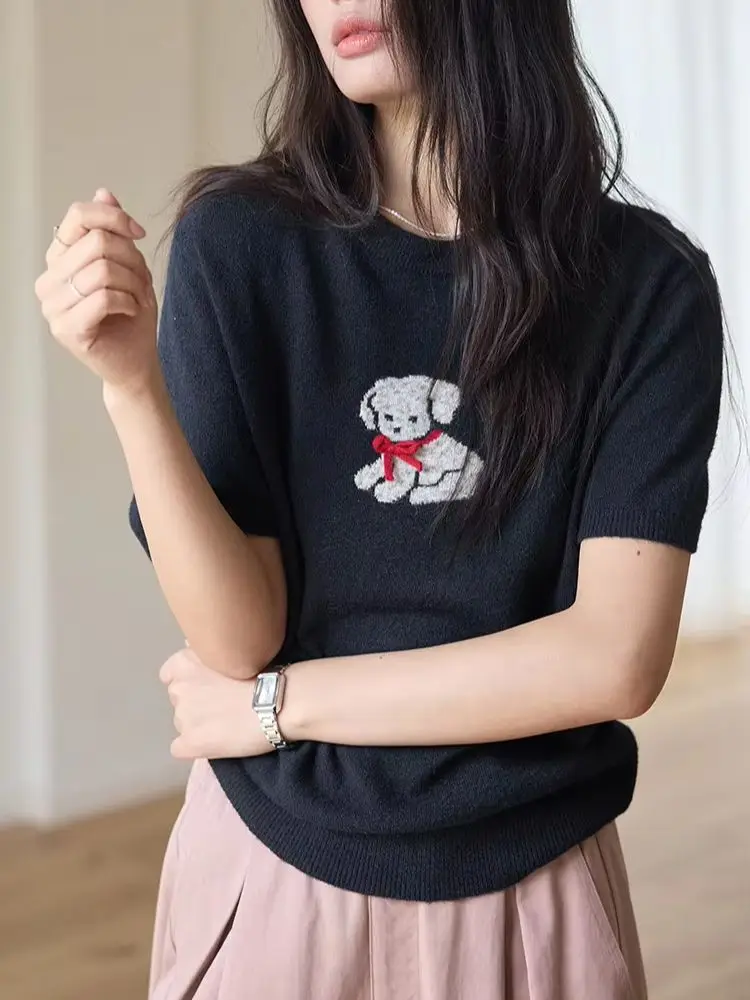 Bow puppy Jacquard short sleeve spring and autumn slim casual thin cashmere sweater T-shirt