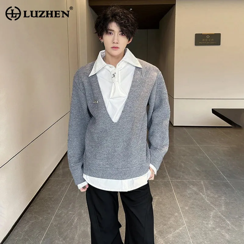 LUZHEN Elegant 2026 Piece New Fashion Design Fake Two Long Sleeve Shirts And Knitted Pullover Handsome Men Casual Sweater JY9124