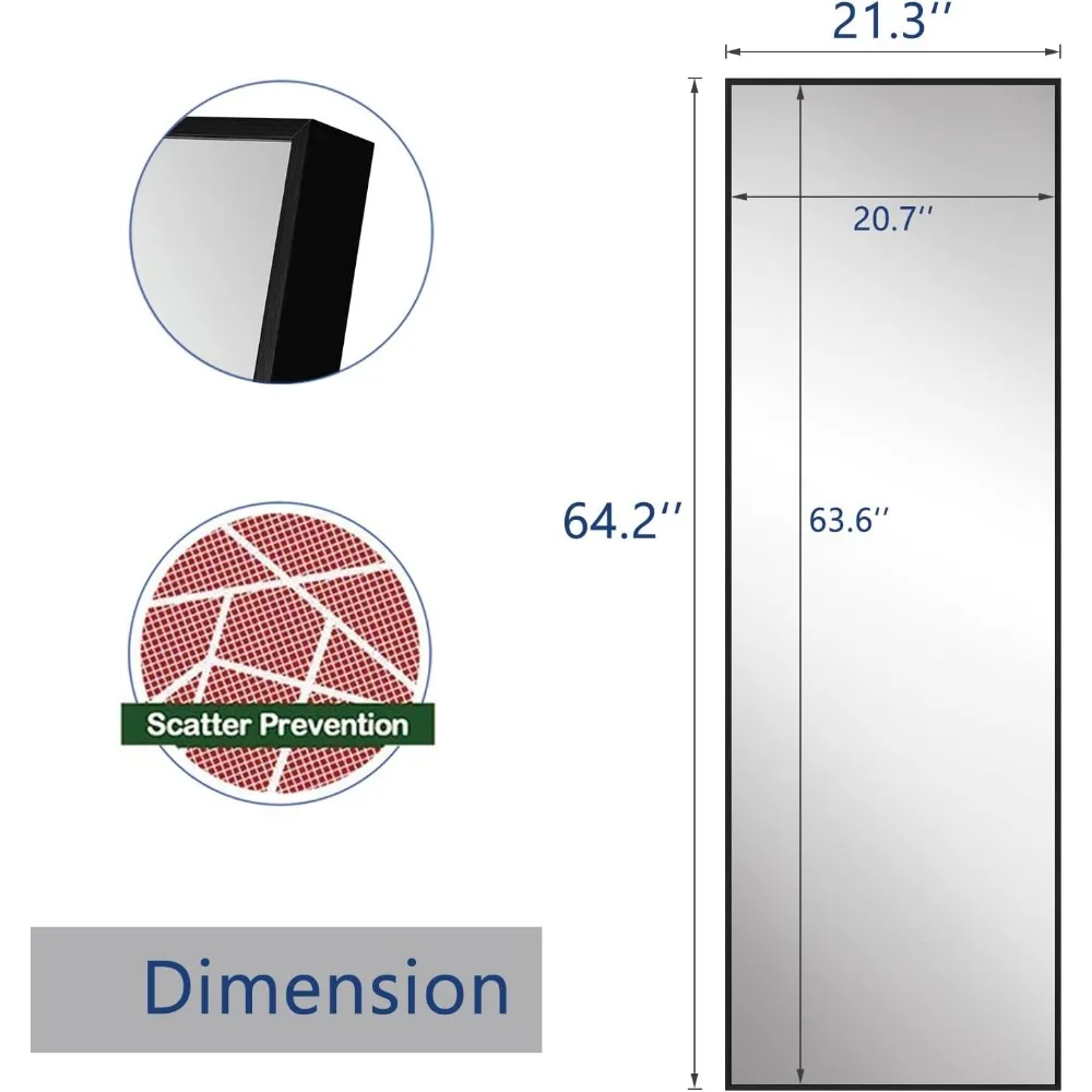 مرآة أرضية بطول كامل ، واقفة أو معلقة ، سوداء ، غرفة نوم ، 65 بوصة × 22 بوصة
