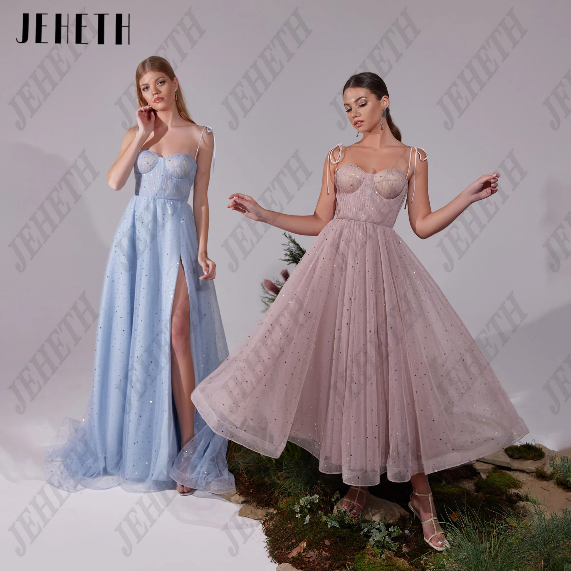 

JEHETH Shiny Corset Prom Dress for Women Side Split A Line Tulle Prom Dress Customized Straps Party Dress فساتين مناسبة رسمية