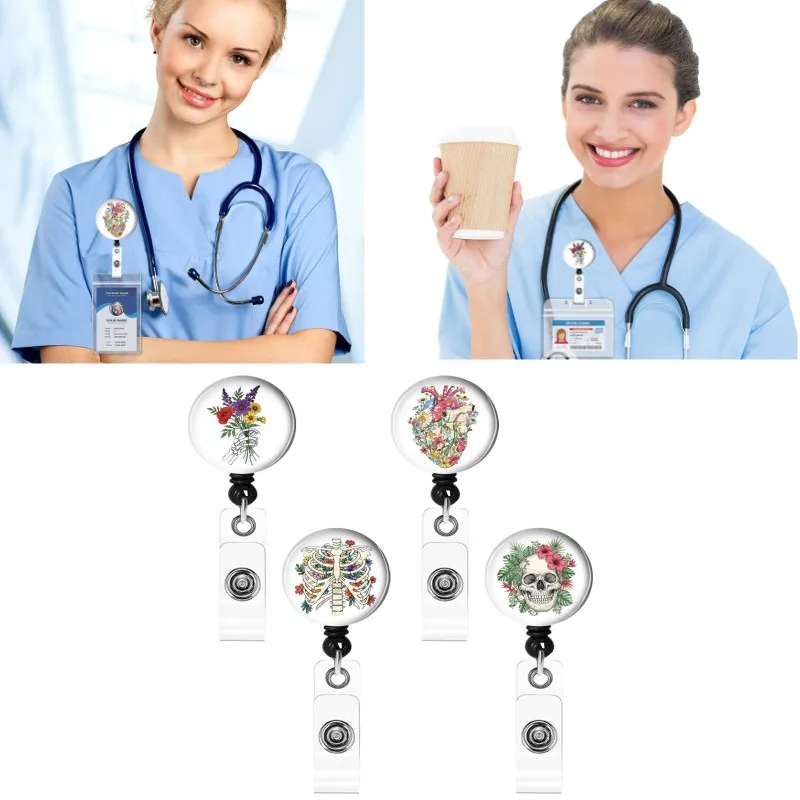 Creative Dispensing Skull Flower ID Badge Holder Medical Rotating Retractable Drop Glue Badge Reel For Doctors Nurses Students