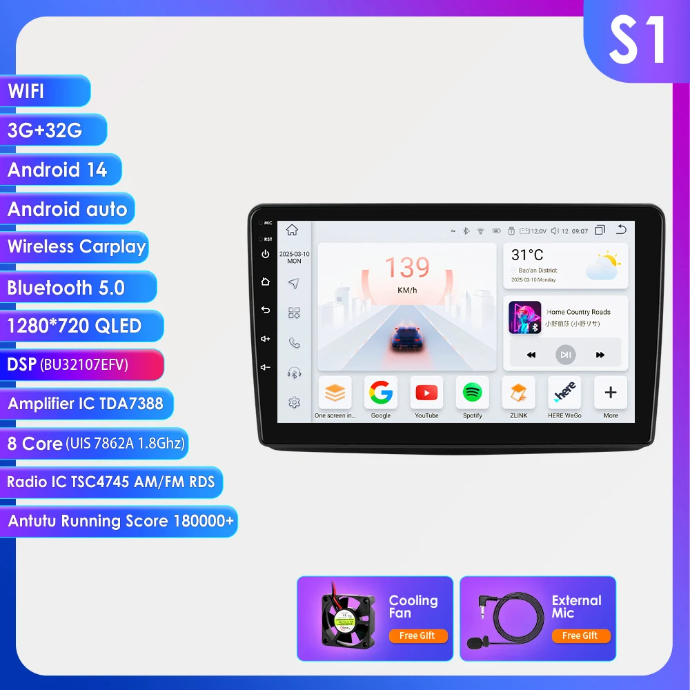 Hizpo 9 Inch Android 14 autoradio voor Fiat Panda 2003-2012 met Apple Wireless CarPlay & Android Auto, 4G WiFi, GPS, Bluetooth, RDS, SWC, GPS-navigatie, 360 camera, stereo, 2 Din videospeler, BT