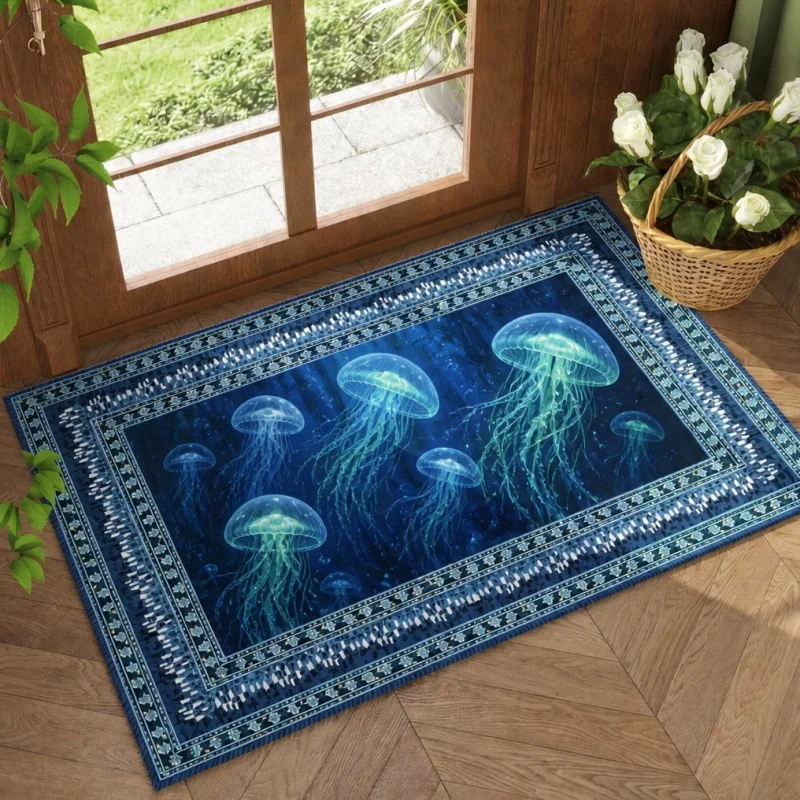 Glowing Jellyfish Doormat, Undersea Ocean Print Entry Mat, Mystical Front Door Home Decor