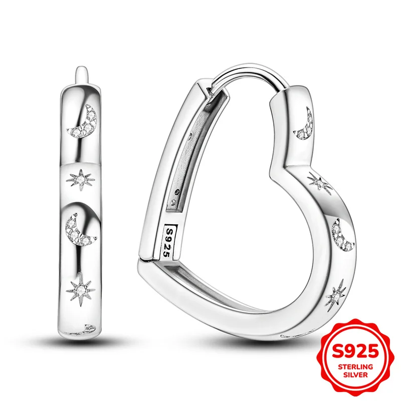 

100% 925 Sterling Silver Earrings Women Heart-Shaped Star And Moon Hoop Earrings For Anniversary Wedding Jewelry Gifts