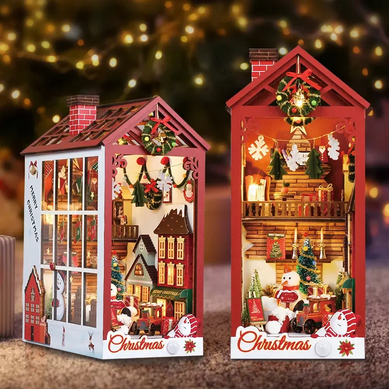 

Merry Christmas DIY Wooden Book Nook Shelf Insert Miniature Kits Santa Claus Bookshelf Home Bookend Decor Xmas Handmade Gifts