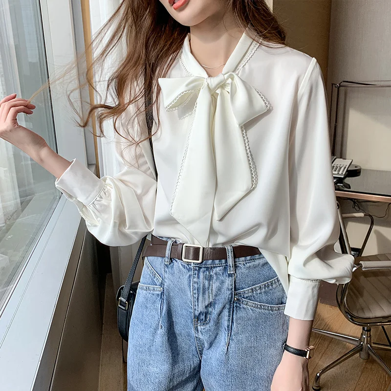 2024 Spring Loose Korean Tops Fashion Autumn Chiffon Blouse Bow Blue Long Sleeve Shirt White Office Lady Clothes Blusas 10691