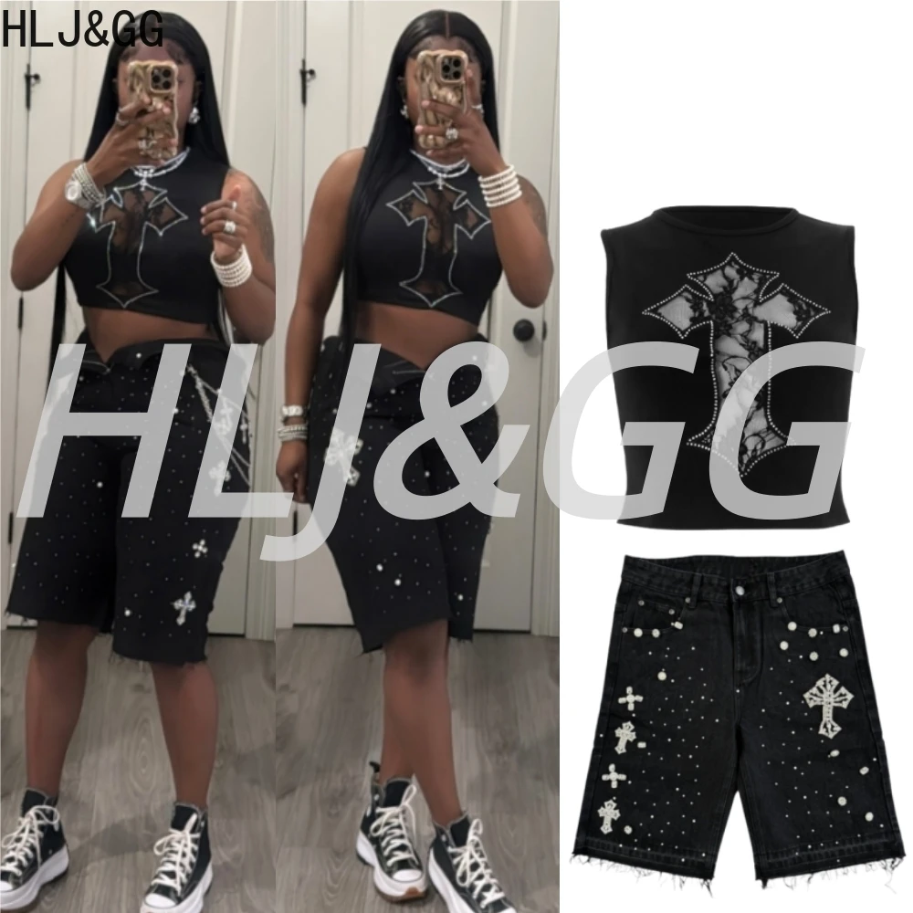 

HLJ&GG Black Fashion Y2K Rhinestone Denim Shorts Two Piece Sets Women Round Neck Sleeveless Slim Tank Top And Shorts Outfit 2025