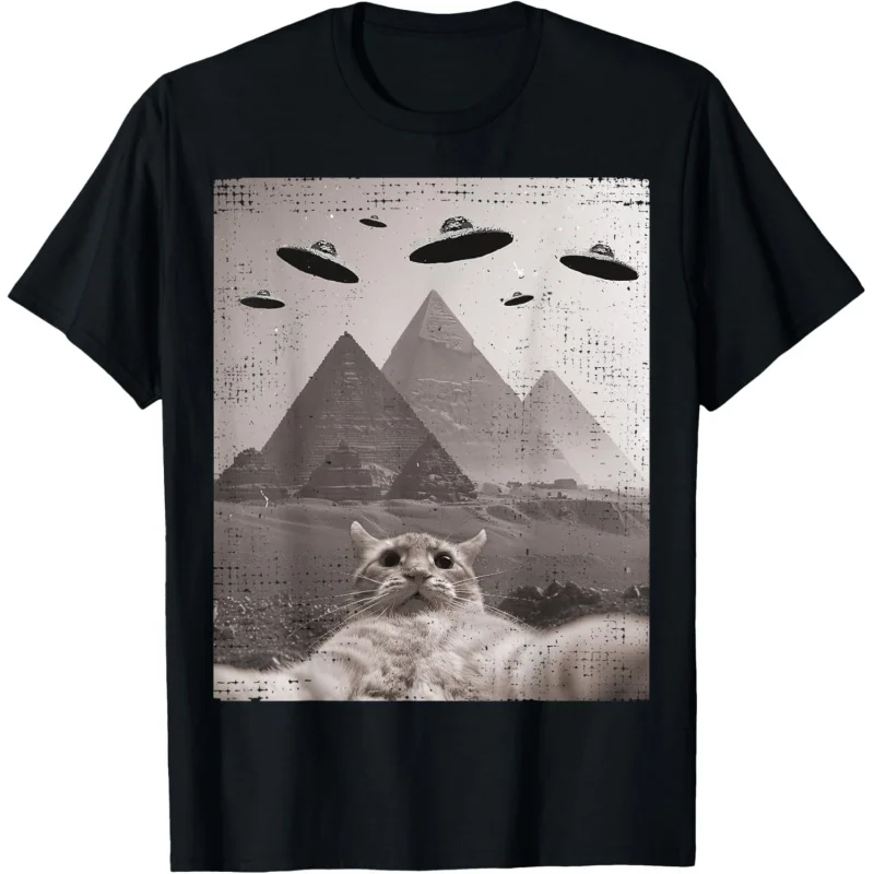 Men's and Women's Sports and Leisure New Fashion Short sleeved Cat UFO Meme - Fun Selfie Black Top T-shirt