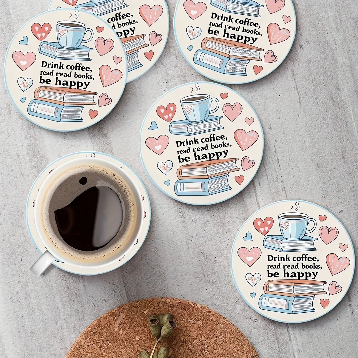 6pcs Heart Flower Inspirational 2D Wooden Coasters Coffee Read Be Happy Cup Mats For Home Office Bar Holiday Decor Gifts