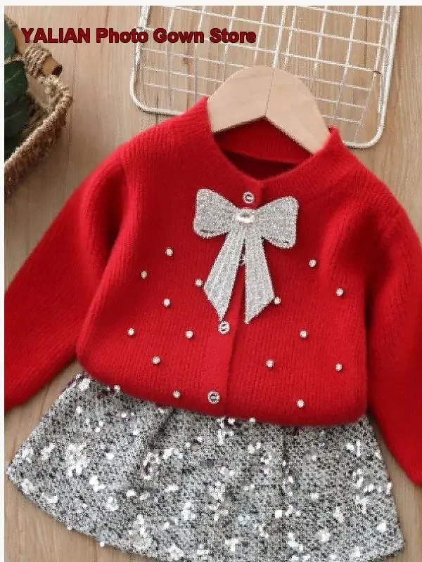 Girls Knit Set Tassels Sequin Applique Elegant Fall Winter Soft Knit Suit