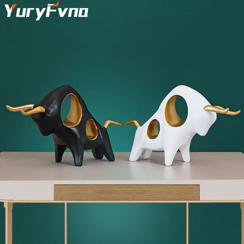 YuryFvna Cattle Statue Home Decoration Living Room Bull Sculpture TV Cabinet Decor Crafts Abstract Animal Statue Resin Art Gift