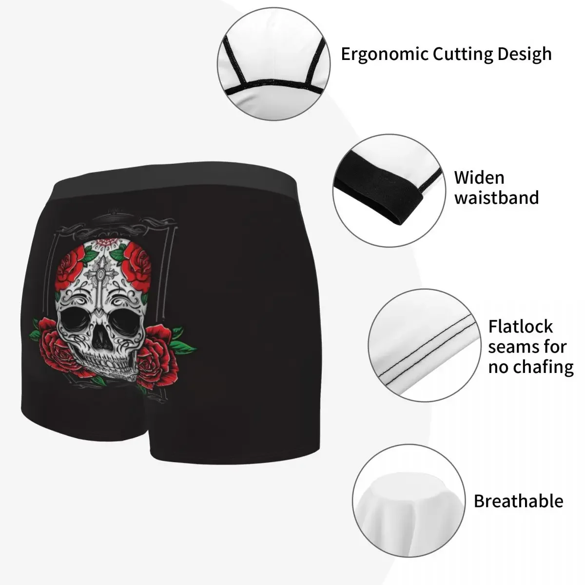 Boxer Men Underwear Male Panties Sugar Skull With Roses Shorts Boxer Comfortable Shorts Homme