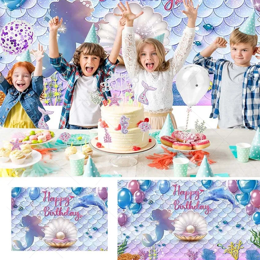 

Under The Sea Little Mermaid Birthday Party Set Background Girls Princess Mermaid Cake Decoration Scales Background Banner