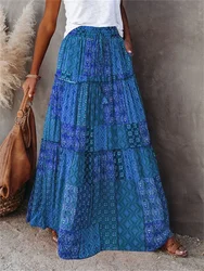 Women Bohemian Print Long Skirts Elastic High Waist Loose Tiered A-line Skirts with Pockets Summer Fall Sexy Holiday Streetwear