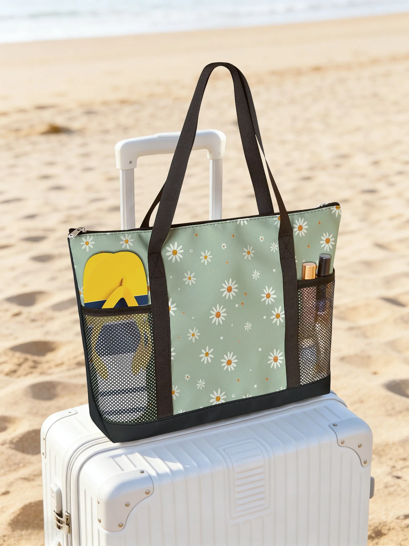 

Floral printed handbag, large capacity women's beach bag, waterproof travel shoulder bag with mesh pockets