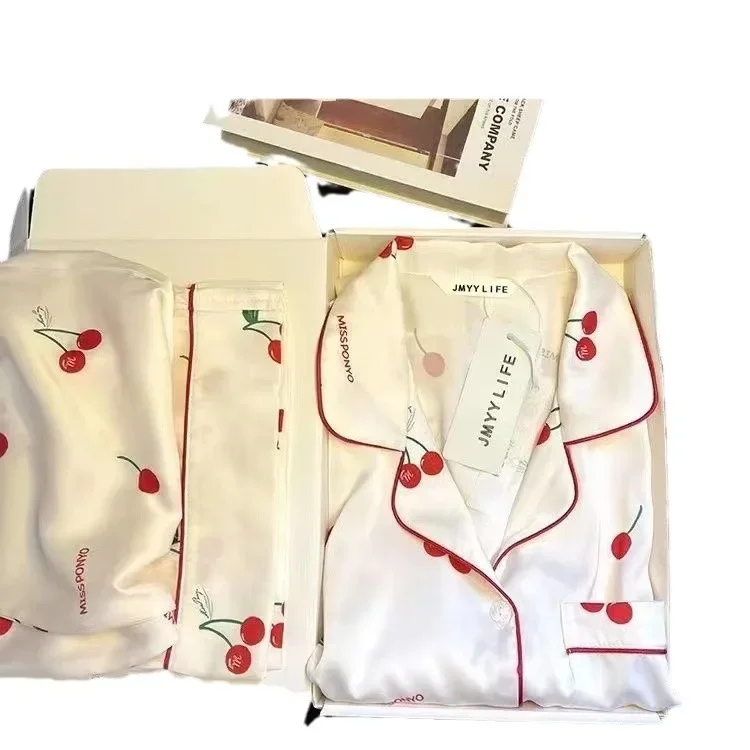 Ice Silk Pajamas Long Sleeves Spring and Autumn Style French Simple High-end Imitation Silk Small Cherry Home Clothes Suit