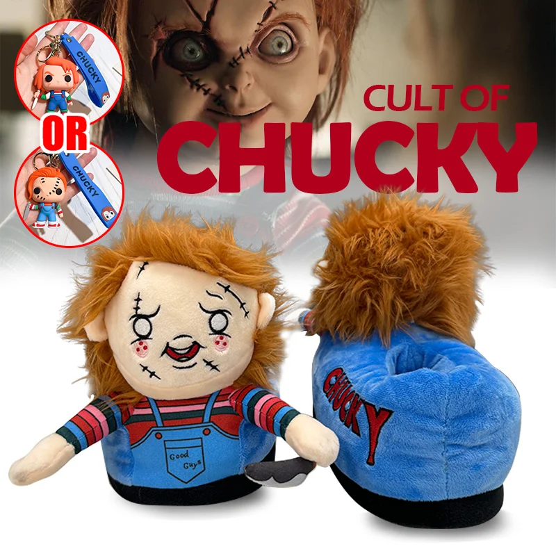 Highland Cow Chucky Plush Slippers with Keychain Halloween Horror Fluffy House Shoes Horrific Slippers Birthday Gifts