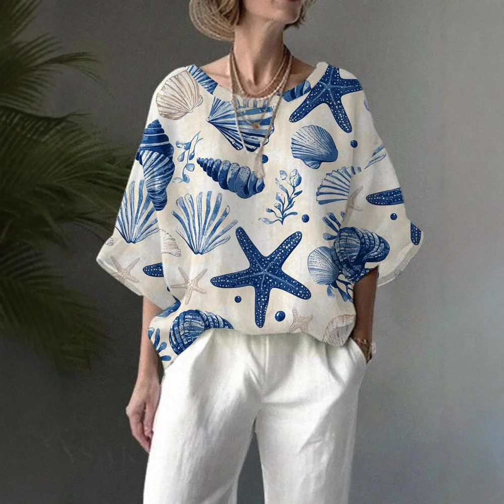2025 Casual Loose Fashion Printed Five Quarter Sleeve Round Neck Top For Summer Women's Fashion Ocean Print Half Sleeve T-shirt