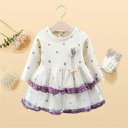 Girls' Dress Spring Children's Clothing New Style Skirt Lace Mesh Skirt Cute And Sweet Polka Dot Long Sleeved Children's Skirt